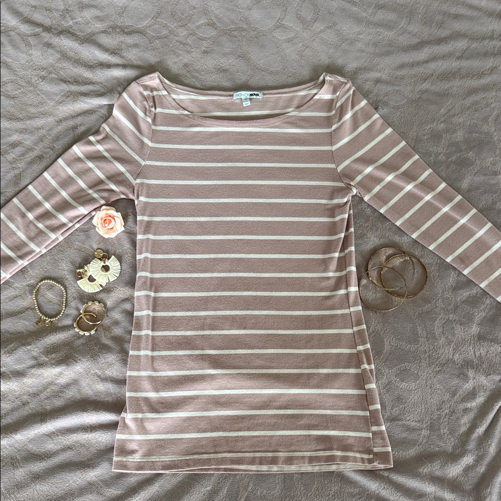 Fashion Nova Cream and Tan Striped Long Sleeve Top